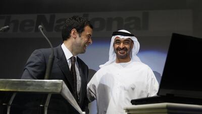 Sheikh Mohammed bin Zayed, Crown Prince of Abu Dhabi, and Martin Newland, the first editor-in-chief of The National, share a joke at the paper’s launch on April 16, 2008. Philip Cheung / The National