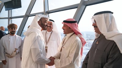 Sheikh Mohamed bin Zayed greets Marzouq Al Ghanim, Speaker of the Kuwait National Assembly (2nd R), at Shams Tower during the Abu Dhabi Grand Prix at Yas Marina Circuit. Seen with Sheikh Ahmad Nawaf Al-Ahmad Al-Sabah, Governor of Hawally, Kuwait (R) and Saqr bin Ghobash, chairman of the Federal National Council (FNC) (3rd R).