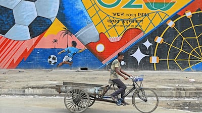 India's G20 summit logo depicted in a wall mural in New Delhi. AFP