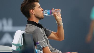 Austria's Dominic Thiem in action during the third place match against Russia's Karen Khachanov at the Mubadala World Tennis Championship in Abu Dhabi on Saturday. Reuters