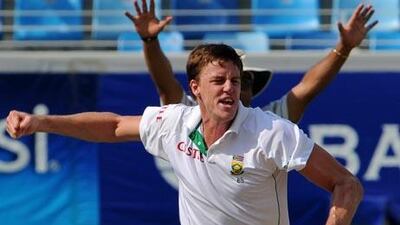 Morne Morkel celebrates after taking the wicket of Pakistani batsman Saeed Ajmal.