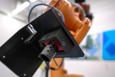 A countersink inspection robotic arm holding a camera at Khalifa University's Advanced Research and Innovation Centre. Victor Besa / The National
