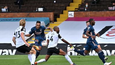 Arsenal striker Pierre-Emerick Aubameyang scores the third. Getty