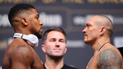 Anthony Joshua and Oleksandr Usyk face off during their weigh in. Getty Images