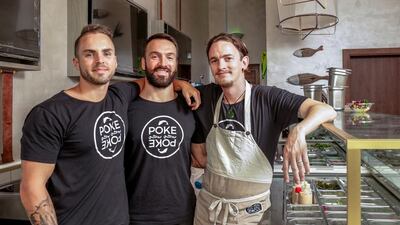 From left, Jeremiah Dupin, Justin Telles and Matthew Schaeffer of Poke Poke. Victor Besa for The National