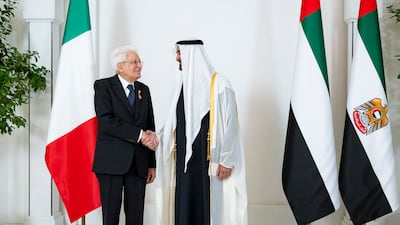 Mr Mattarella and Sheikh Mohamed shake hands. Abdulla Al Neyadi / UAE Presidential Court