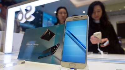 A Samsung Galaxy S6 smartphone sits on display during a launch event in Hong Kong. Jerome Favre / Bloomberg