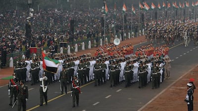 A military contingent from the UAE marches past in India's Republic Day Parade at Rajpath in New Delhi. Prakash Singh / AFP