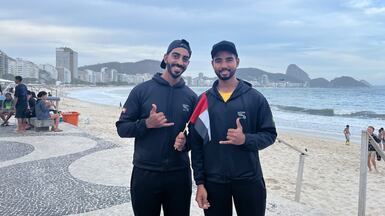 Abu Dhabi residents Saeed AlSuwaidi and Ahmed Banaeimoon took part in the Zayed Charity Run, held for the first time in Rio de Janeiro. Evelyn Lau / The National