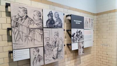 Court sketches are displayed in a cell. AFP / Niklas HALLE'N
