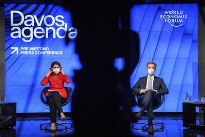 Scenes from the virtual press conference to preview the Davos Agenda 2021. EPA