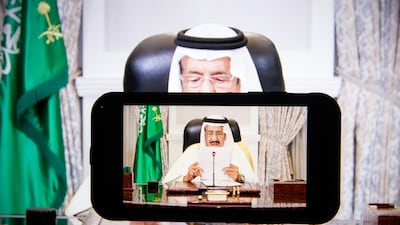 Saudi Arabia's King Salman bin Abdulaziz speaks in a prerecorded video during the United Nations General Assembly in New York. Bloomberg