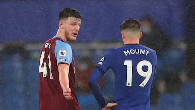 Chelsea's Mason Mount with West Ham United's Declan Rice after the match. Reuters