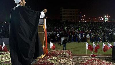 Sheikh Ali Salman, head of Al Wefaq, Bahrain’s main opposition party, delivers a speech during an anti-government rally in Budaiya, a suburb of Manama on Saturday.