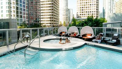 The heated outdoor pool is on the fifth floor