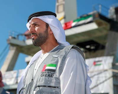 UAE Minister of State for Youth Affairs Dr Sultan Al Neyadi inspected three warehouses at a port in Al Arish, Egypt, where aid from the UAE is being stored. Victor Besa / The National