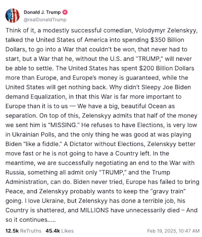 US President Donald Trump published this message on Truth Social on February 19, 2025. Photo: Screengrab