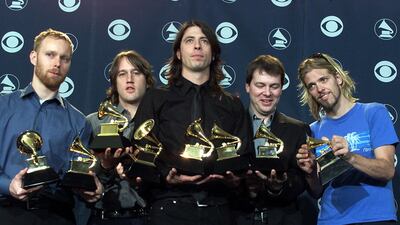 Foo Fighters with their awards at the 43rd Annual Grammy Awards in Los Angeles on February 21, 2001. AFP