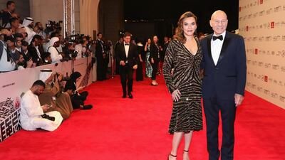 Sunny Ozell and Sir Patrick Stewart arrive on the red carpet. Vittorio Zunino Celotto / Getty.