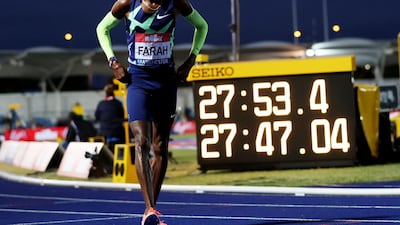 Britain's Mo Farah reacts after the men's 10,000m in Manchester. Action Images