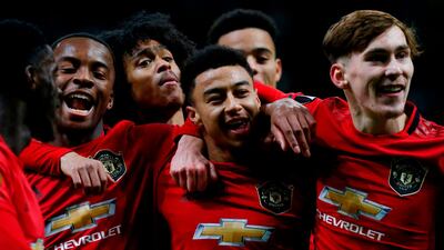 Manchester United's Jesse Lingard celebrates with teammates after scoring in Nur-Sultan. AFP