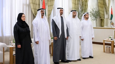 President Sheikh Mohamed with, from left, Dr Nariman Al Neyadi, Hussain Al Hammadi, Mohamed Al Neyadi and Hazza Al Kaabi. Photo: Presidential Court