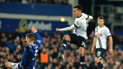 Dele Alli, centre, scored for Tottenham Hotspur against Everton on Sunday night. Paul Ellis / AFP