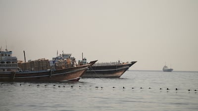 Vessels anchored in the Strait of Hormuz, as seen from Musandam, Oman. Reuters