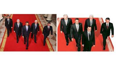 The original photo, left, and the altered image that appeared in Al Ahram with Mr Mubarak leading the way, not bringing up the rear.