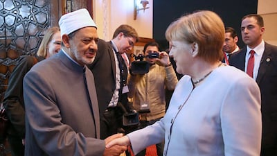 Dr Al Tayeb meets German Chancellor Angela Merkel in Cairo on March 2, 2017. AFP