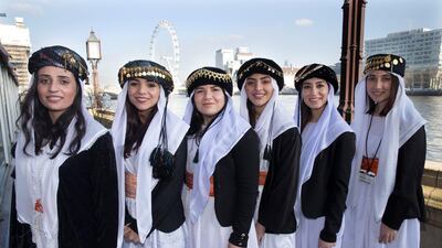 Members of the Yazidi Choir on the terrace of the Houses of Parliament in London before their performance for UK politicians and their guests, during their tour of the United Kingdom. Stephen Lock for the National