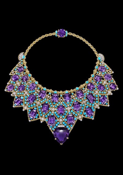 A Cartier bib necklace crafted from twisted 18-carat and 20-carat gold, platinum, brilliant and baguette-cut diamonds, one heart-shaped faceted amethyst, 27 emerald-cut amethysts, one oval-faceted amethyst and turquoise cabochons. Photo: Cartier Collection