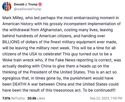 Former president Donald Trump insinuated that Gen Mark Milley should be executed. Photo: Truth Social screengrab