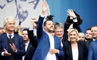 Geert Wilders, leader of Dutch party PVV (Freedom Party), Italy's Deputy Prime Minister Matteo Salvini, Marine Le Pen, leader of French National Rally party attend a gathering of European nationalist and far-right parties in Italy on May 18. Reuters
