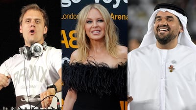 Armin van Buuren, Kylie Minogue and Hussain Al Jassmi will perform separate New Year's Eve concerts in the UAE. Photo: AFP, AP