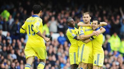 Branislav Ivanovic, second from right, and hChelsea gave their fans plenty to celebrate in their un-Mourino-like scoring display. Chris Brunskill / Getty Images