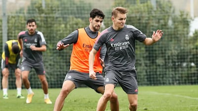 Martin Odegaard in action at Valdebebas training ground. Getty
