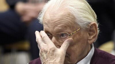 Oskar Groening, 94, awaits the verdict during his Holocaust trial. The ex-Waffen-SS member was sentenced to four years prison for accessory of murder in 300,000 cases at Auschwitz-Birkenau. Tobias Schwarz / EPA