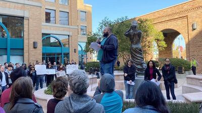 Laurence Berland addresses Google employees about how the company put him on administrative leave during a rally in San Francisco in November, 2019. Reuters