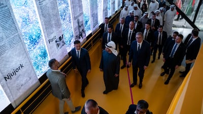 The two leaders view an exhibit during a tour of the Expo 2027 Belgrade Playground exhibition space