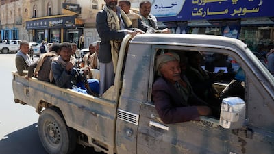 Houthi fighters ride in a pickup truck on a street, in Sana'a, Yemen, 07 October 2026. Yemen’s Houthis claimed to have launched missile attacks on Riyadh airport in the Saudi capital and Aden airport in southern Yemen, where the country’s Saudi-backed government operates, as fighting between the group and the Saudi-led coalition escalates, according to Houthi military spokesman Yahya Sarea EPA / YAHYA ARHAB
