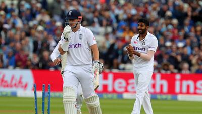 England's Alex Lees walks back to the pavilion after being bowled by India's Jasprit Bumrah on day two of the fifth Test at Edgbaston on July 2, 2022. AFP