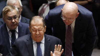 Russian foreign minister Sergey Lavrov (L) reacts during a UN Security Council meeting on the sidelines of the 73rd session of the General Assembly. EPA