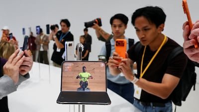 The new foldable iPhone Duo is on display during Apple's event at the Steve Jobs Theater in Cupertino, California. Reuters