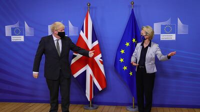 Mr Johnson and European Commission President Ursula von der Leyen meet for a dinner to try to reach a breakthrough on a post-Brexit trade deal, in December 2020 in Brussels. Getty Images