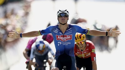 Mathieu van der Poel of Alpecin-Premier Tech celebrates winning Stage 9 of the Tour de France. EPA