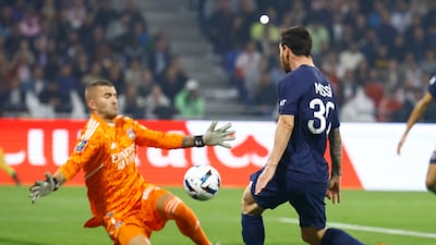 PSG's Lionel Messi has his shot saved by Olympique Lyonnais' Anthony Lopes. Reuters
