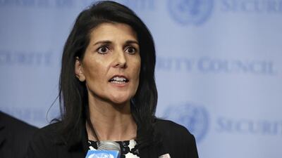 US ambassador to the UN, Nikki Haley, addresses a news conference after the UN Security Council discussed North Korea on Wednesday, March 8, 2017. Richard Drew / AP
