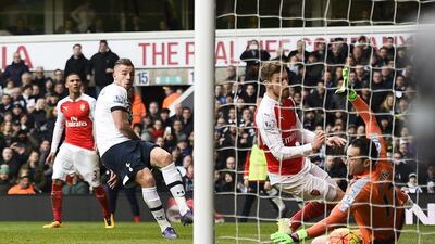 Football Soccer - Tottenham Hotspur v Arsenal - Barclays Premier League - White Hart Lane - 5/3/16Toby Alderweireld scores the first goal for Tottenham Reuters / Dylan MartinezLivepicEDITORIAL USE ONLY. No use with unauthorized audio, video, data, fixture lists, club/league logos or "live" services. Online in-match use limited to 45 images, no video emulation. No use in betting, games or single club/league/player publications. Please contact your account representative for further details.