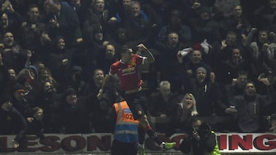 Angel di Maria of Manchester United celebrates scoring their second goal against Yeovil Town in their 2-0 FA Cup third round victory on Sunday. Dylan Martinez / Reuters